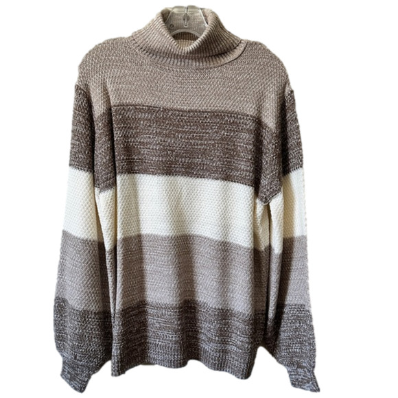NWOT Color Block Cable Knit Turtle Neck Sweater Brown/White size Large - Picture 2 of 5